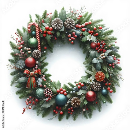 Christmas wreath decorated with festive decorations, isolated on a white background.
