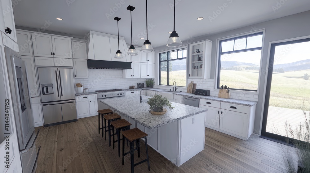 Modern kitchen with island, hardwood floors, and landscape view. Modern kitchen with island, hardwood floors, and landscape view.