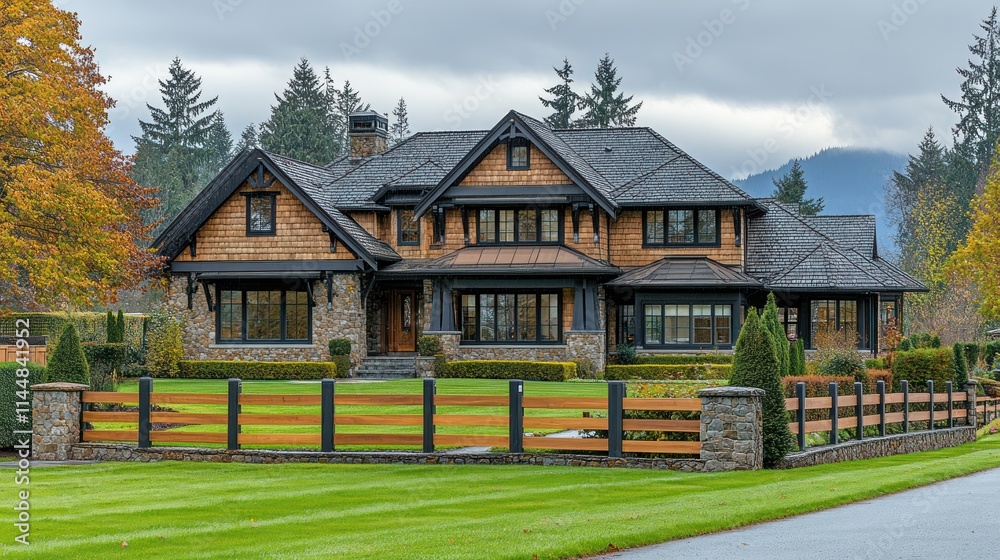 Elegant modern house with stone and wood features in a landscaped setting. Elegant modern house with stone and wood features in a landscaped setting.
