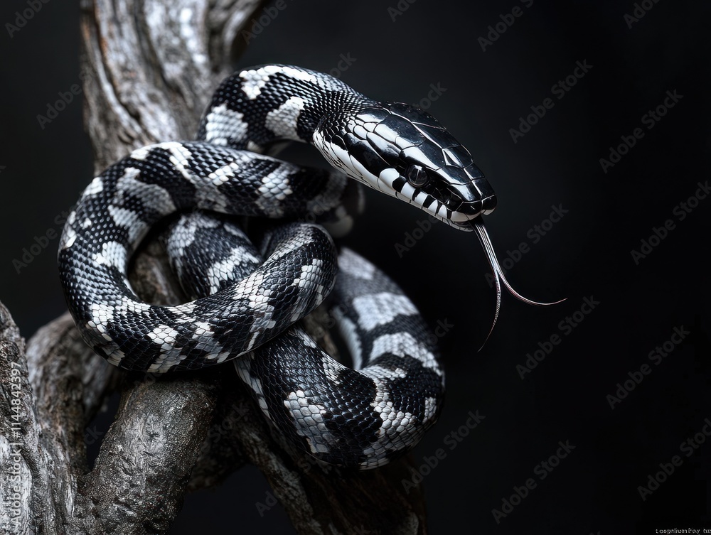 Obraz premium Black and white snake coiled on branch with tongue out.