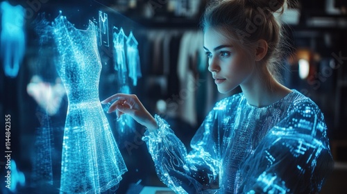 Woman designs dress using holographic interface.