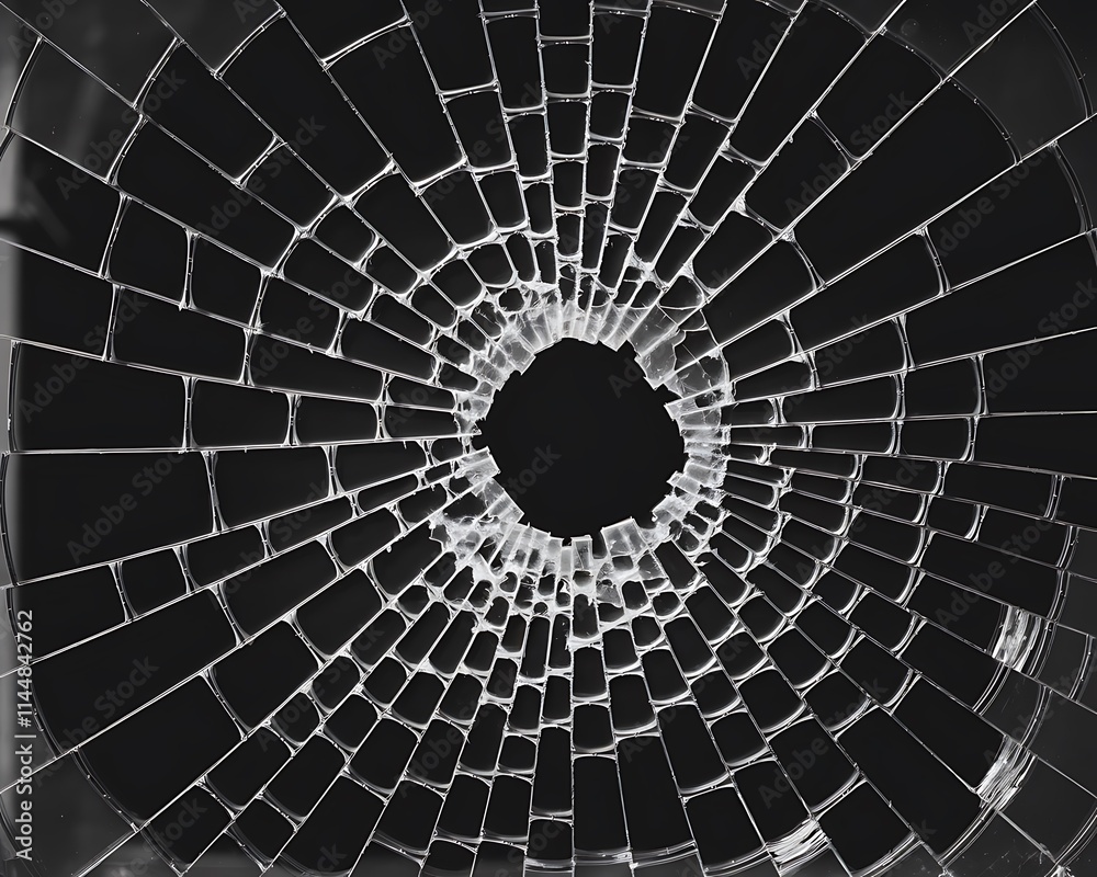 Fototapeta premium abstract fractal background with circles, Stark Black-and-White Image of a Broken Glass Window with a Central Hole and Splintered Shards, Jagged Edges Form a Chaotic Web 