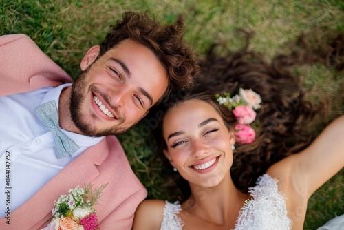 A happy couple lying on the grass, wearing formal attire with a pink and white floral theme, enjoying a moment of joyful connection and serenity outdoors.