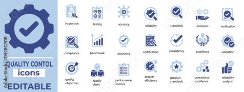 Quality Control Vector Icon Set Inspection, Standards, Testing, Assurance Icons Editable, Modern, Professional Design
