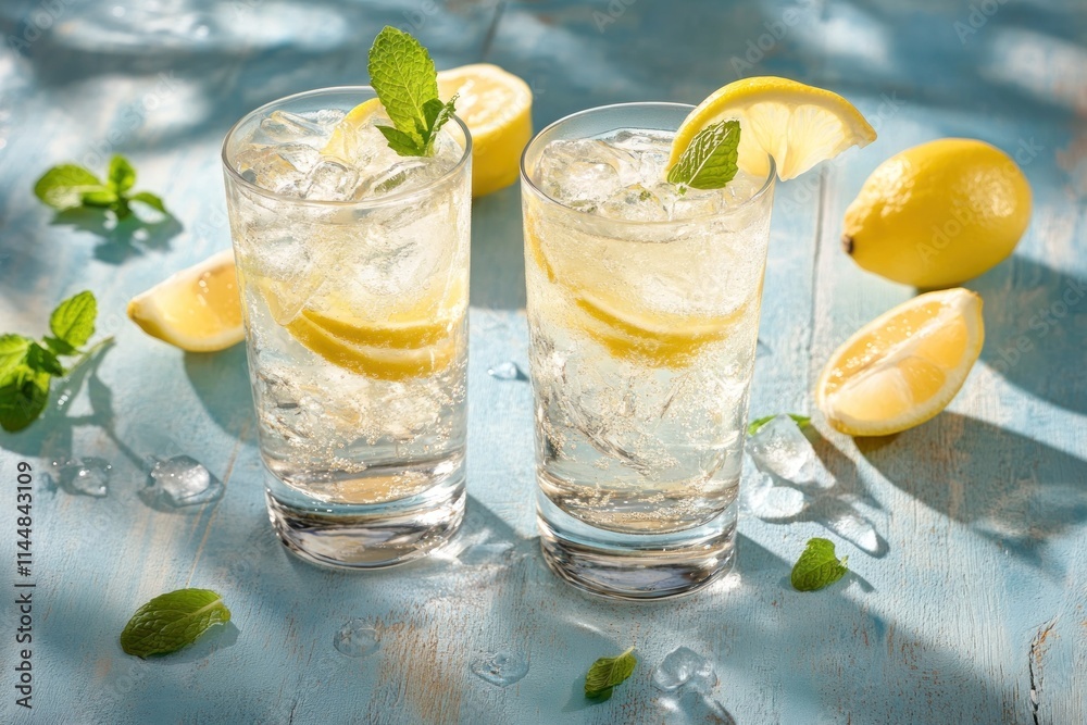 Fototapeta premium Two lemon drinks with mint on blue wood.