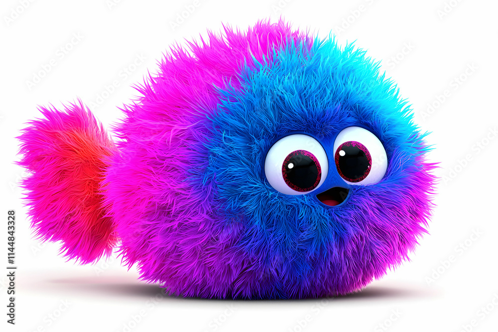Fototapeta premium Colorful Fuzzy Cartoon Fish Character with Big Eyes and Vibrant Fur in Bright Pink and Blue Shades