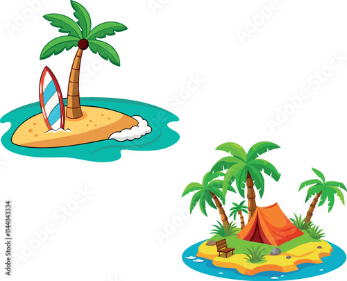 Two tropical desert islands featuring surfboard and tent