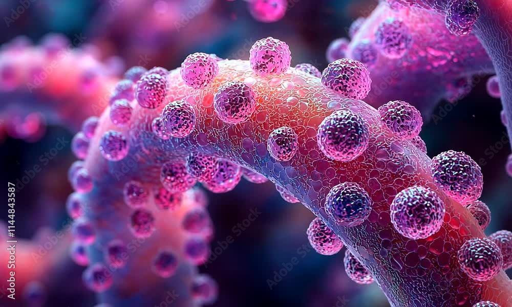 Close-up view of colorful, abstract cellular structures resembling viruses or microorganisms. Close-up view of colorful, abstract cellular structures resembling viruses or microorganisms.