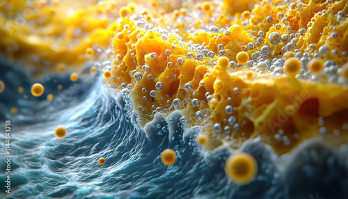 Abstract depiction of entropy changes in isolated system, showcasing vibrant yellow foam and bubbles against dynamic blue wave background, evoking sense of movement and transformation