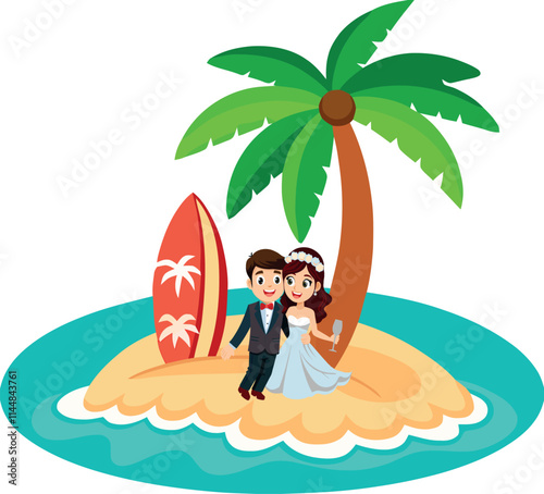 Happy couple celebrating honeymoon on tropical island with surfboard