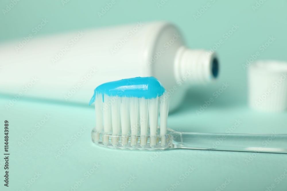 Toothbrush with toothpaste and tube on light blue background, closeup Toothbrush with toothpaste and tube on light blue background, closeup