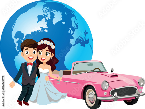 Happy couple celebrating wedding with pink car and world globe