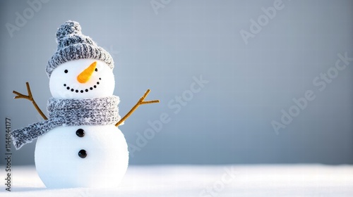 An adorable snowman, sporting a gray knitted hat and scarf, graces a snowy backdrop, capturing the essence of winter charm and cheerful creativity. photo