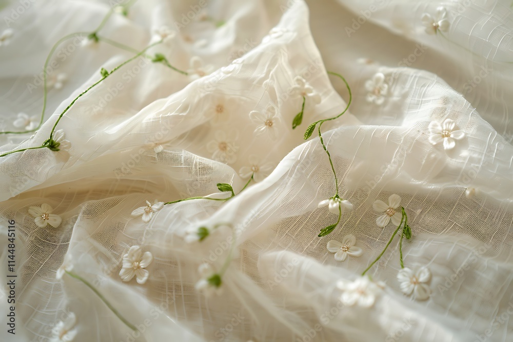 a delicate hand embraided floral pattern with green leaves on white fabric a delicate hand embraided floral pattern with green leaves on white fabric
