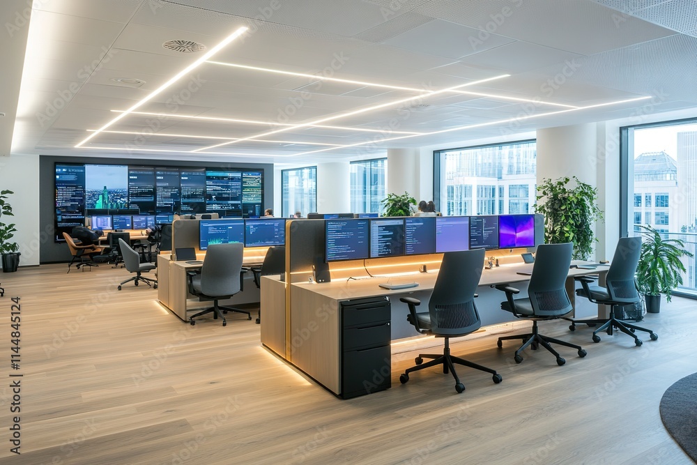 modern open-plan workspace with glowing screens and ergonomic furniture under soft natural light modern open-plan workspace with glowing screens and ergonomic furniture under soft natural light