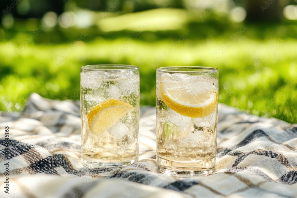 Two drinks with lemon slices and ice, on picnic blanket. Two drinks with lemon slices and ice, on picnic blanket.