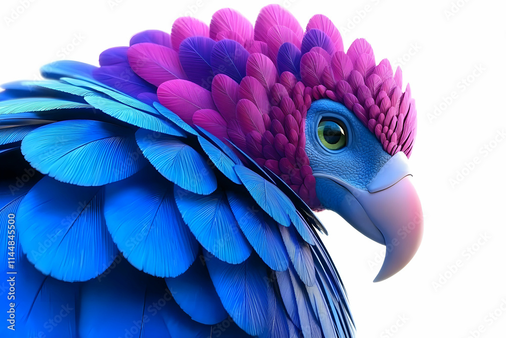 Fototapeta premium Colorful Fantasy Bird with Vivid Blue and Pink Feathers Captured in Close-Up Profile Against White Background