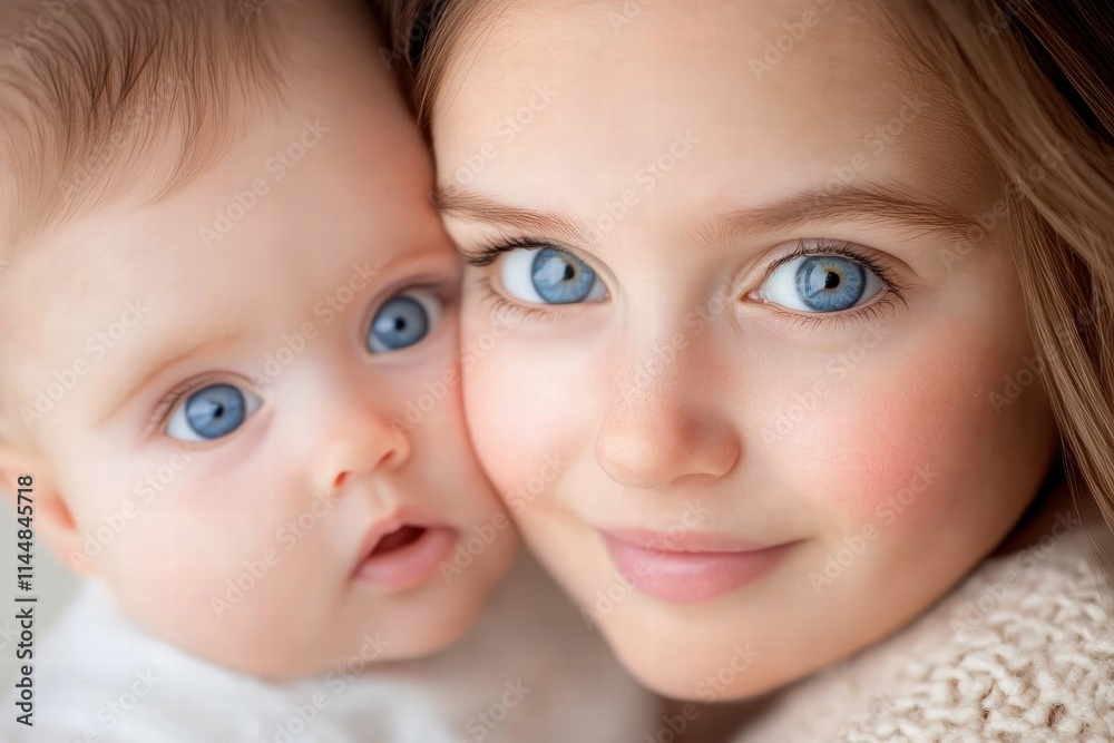 A young sibling gently holds their baby brother or sister, both having captivating blue eyes, capturing the essence of family love and sibling bonding moments. A young sibling gently holds their baby brother or sister, both having captivating blue eyes, capturing the essence of family love and sibling bonding moments.