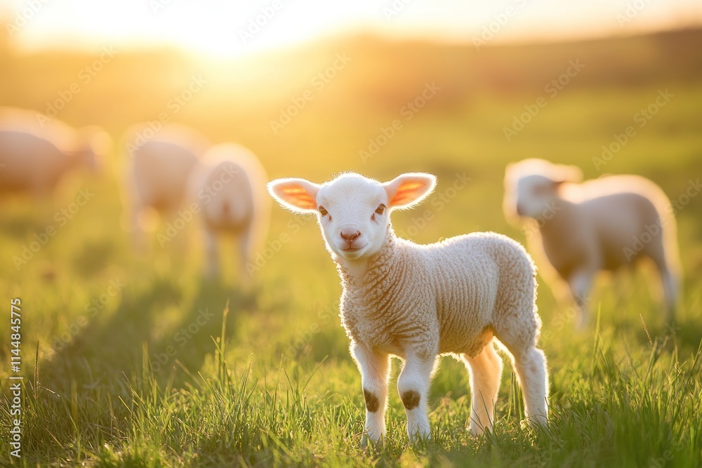 Lamb stands in grassy field, backlit by sun. Lamb stands in grassy field, backlit by sun.