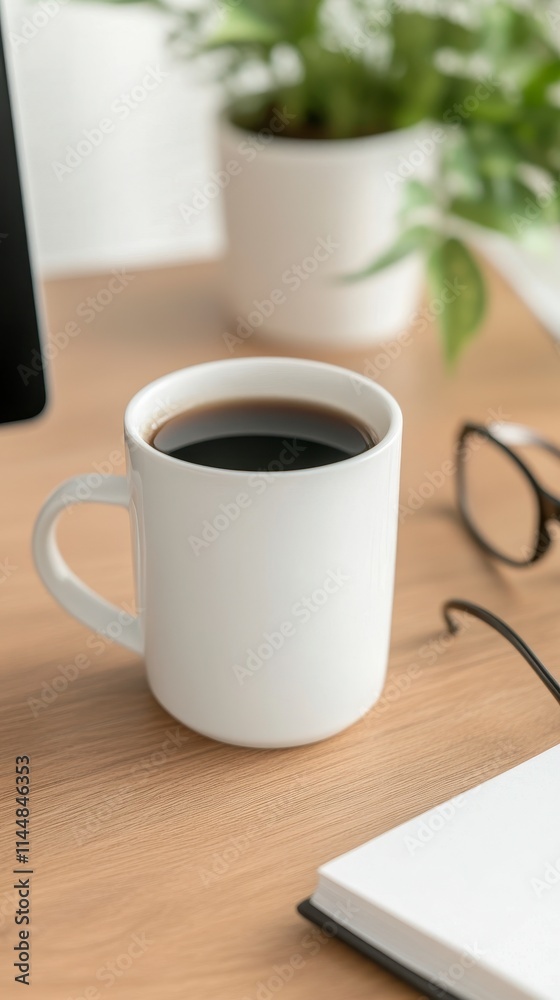 Minimalist Business Workspace with Computer Monitor, Notebook, Coffee Cup, and Eyeglasses on Wooden Desk with Natural Light Minimalist Business Workspace with Computer Monitor, Notebook, Coffee Cup, and Eyeglasses on Wooden Desk with Natural Light