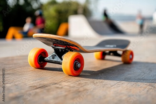 A skateboard with vibrant orange wheels sits on a skatepark ramp, poised for action, representing youthful energy and the spirit of adventure sports. photo