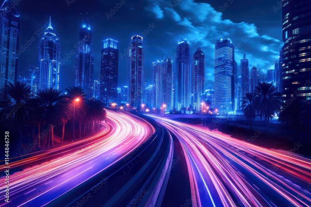 Fototapeta premium Night city lights blur into streaks along highway.