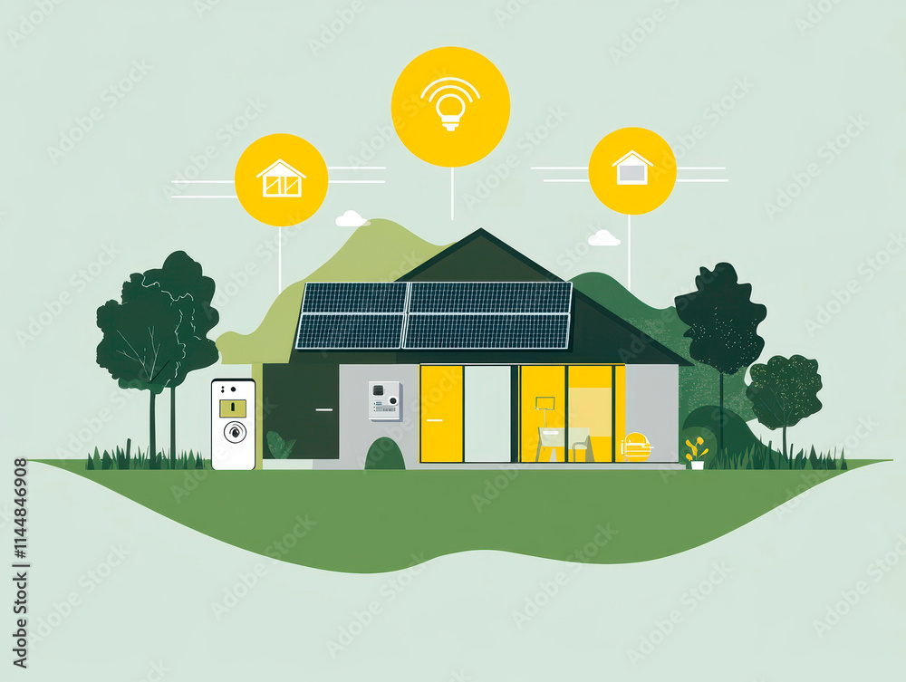 Naklejka premium Image of a modern, eco-friendly building with solar panels, surrounded by greenery Symbols for Wi-Fi, satellite dish, and recycling bin indicate connectivity and waste management Located in rural o