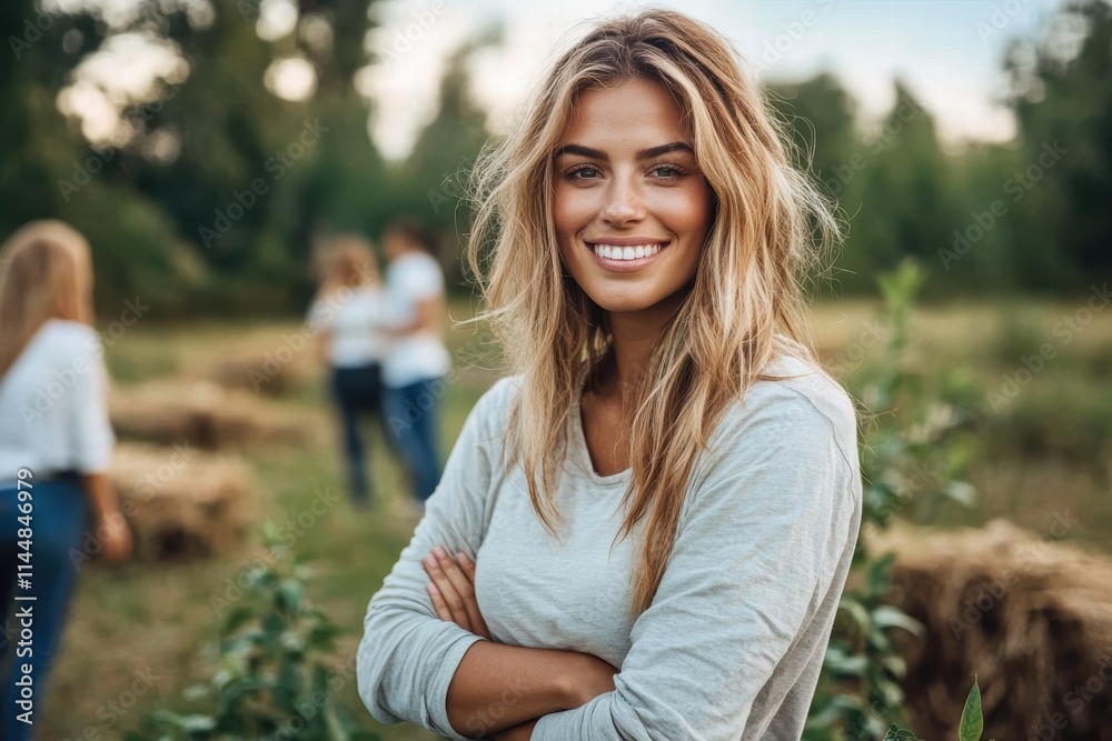 A woman smiles brightly in a casual outdoor environment, standing confidently among nature with a backdrop of trees and sunlight, exuding optimism. A woman smiles brightly in a casual outdoor environment, standing confidently among nature with a backdrop of trees and sunlight, exuding optimism.