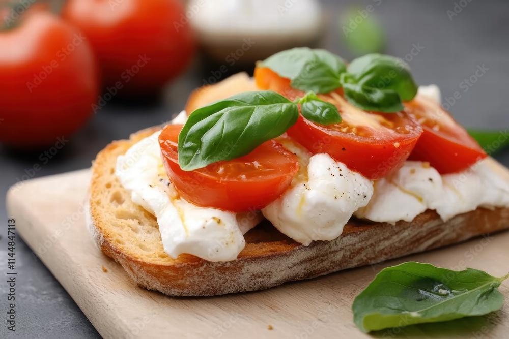 A fresh bruschetta on a cutting board topped with tomatoes, mozzarella cheese, and basil leaves, symbolizing culinary elegance and simplicity in delightful Italian cuisine. A fresh bruschetta on a cutting board topped with tomatoes, mozzarella cheese, and basil leaves, symbolizing culinary elegance and simplicity in delightful Italian cuisine.