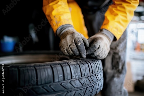 A mechanic wearing a yellow jacket and gloves repairing a car tire, showcasing diligent craftsmanship within a detailed mechanical setting with black and tire textures.