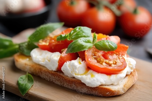 A delicious bruschetta with fresh tomatoes, creamy mozzarella, and aromatic basil served on toasted bread, capturing the essence of Italian cuisine and freshness.