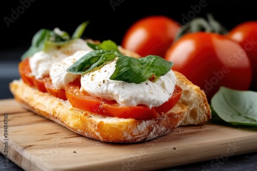 A classic Caprese sandwich featuring slices of ripe tomatoes, creamy mozzarella cheese, fresh basil leaves, and drizzles of olive oil on crusty bread, perfect for snacking. photo