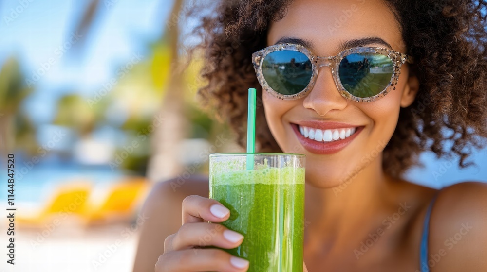 A chic woman with curly hair smiles broadly while sipping a fresh green smoothie through a straw, enjoying a sunny day by the poolside with sunglasses on. A chic woman with curly hair smiles broadly while sipping a fresh green smoothie through a straw, enjoying a sunny day by the poolside with sunglasses on.