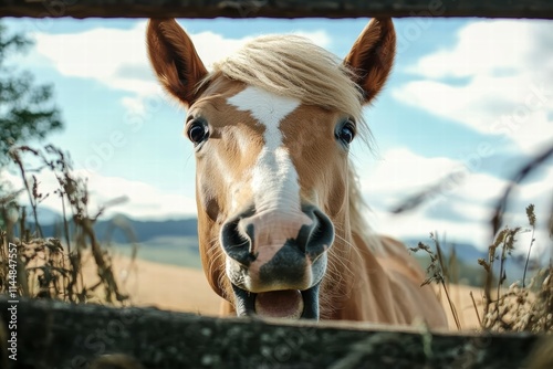 A playful horse gazes directly at the camera with wide eyes, framed by a wooden fence, expressing curiousness and the bond humans share with nature's creatures.