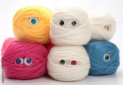 Skeins of knitting yarn with plastic eyes. Skeins of wool made of multi-coloured threads. Abstract emotional face. Illustration for cover, card, postcard, interior design, brochure or presentation. photo