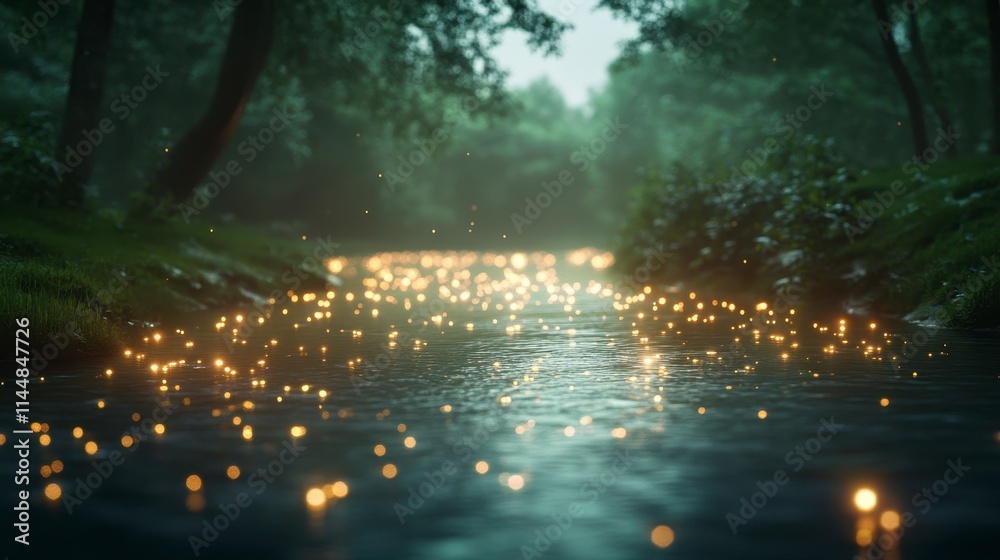 Naklejka premium Enchanted Night: Bioluminescent River Illuminated by Magical Lights