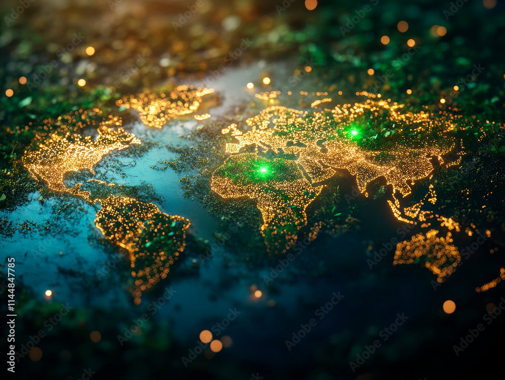 Aerial view of a lit globe hovering over water, showing urban centers scattered globally The scene is dark with bright city lights contrasting, possibly taken at night or indoors No text visible d Aerial view of a lit globe hovering over water, showing urban centers scattered globally The scene is dark with bright city lights contrasting, possibly taken at night or indoors No text visible d