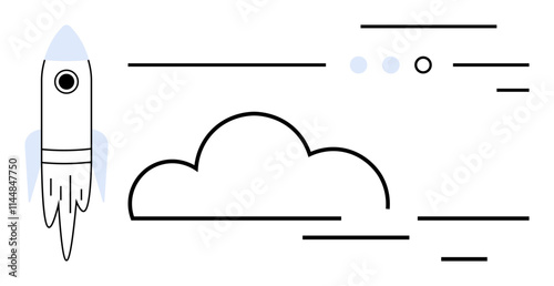 Rocket launching upward beside a cloud with moving lines suggesting speed and dynamism. Ideal for technology, innovation, startup growth, space exploration, futuristic themes, progress, and goal