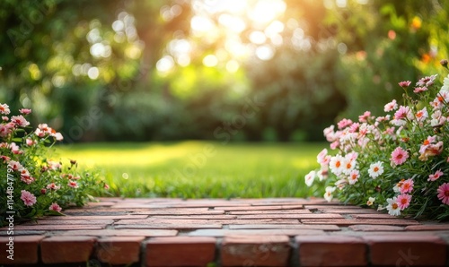 Sunny garden path with pink flowers.