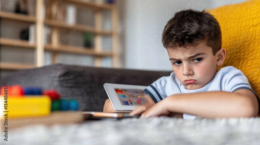 A young boy sitting on a soft carpet seems frustrated, holding a white tablet. He looks bored, possibly facing technical or entertaining challenges at home. A young boy sitting on a soft carpet seems frustrated, holding a white tablet. He looks bored, possibly facing technical or entertaining challenges at home.