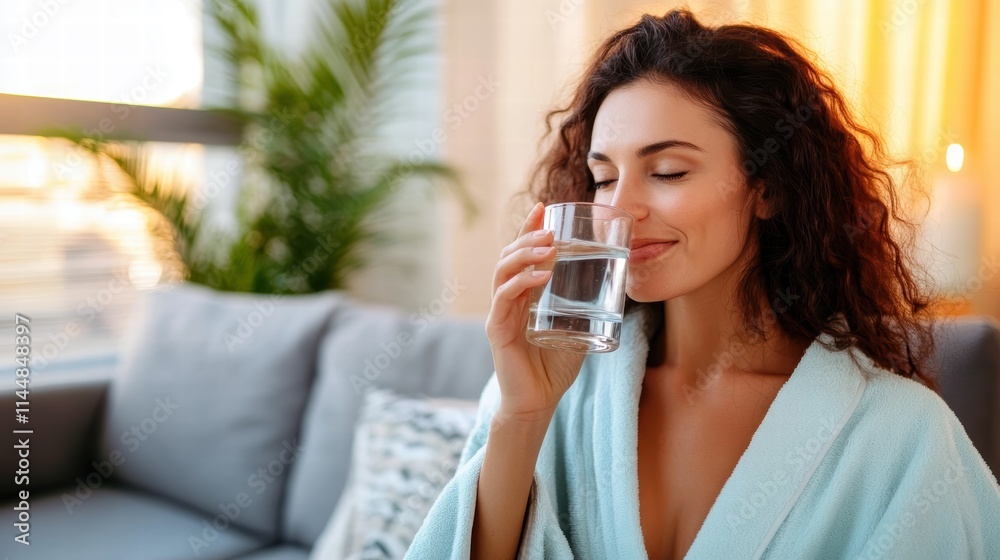 A woman enjoys a refreshing glass of water while relaxing on a couch in a cozy room, capturing a moment of hydration and serenity in the soft afternoon light. A woman enjoys a refreshing glass of water while relaxing on a couch in a cozy room, capturing a moment of hydration and serenity in the soft afternoon light.