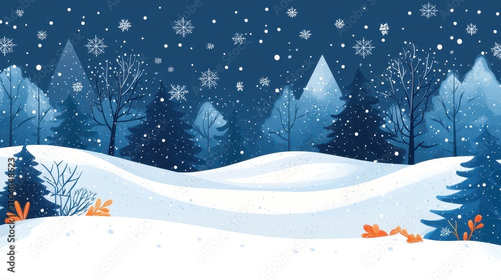 Winter landscape with trees & snowflakes Winter landscape with trees & snowflakes
