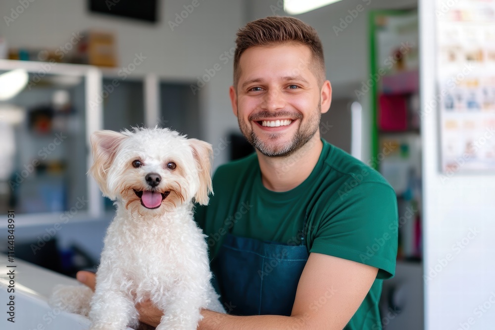 A content groomer poses with a fluffy white dog within a salon. The friendly expressions suggest a strong connection and professionalism in this bright environment.