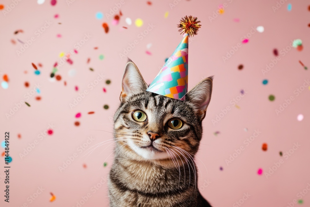 Tabby cat wearing party hat with colorful confetti. Tabby cat wearing party hat with colorful confetti.