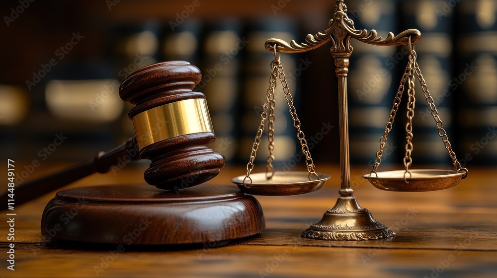 Gavel and scales of justice on a wooden table, symbolizing law. Gavel and scales of justice on a wooden table, symbolizing law.