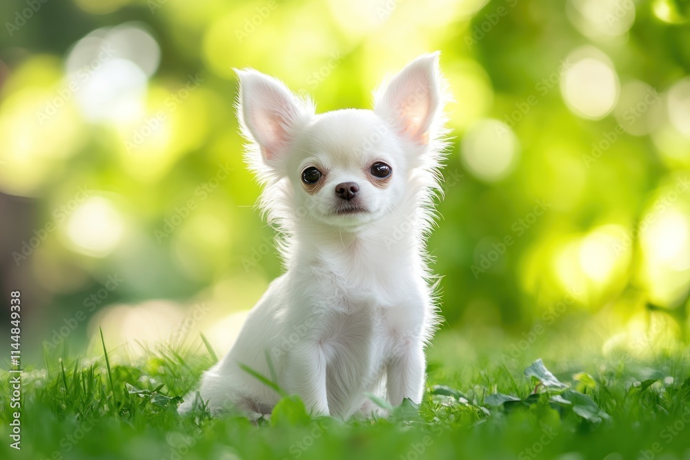White chihuahua puppy sitting on grass with blurred green background. White chihuahua puppy sitting on grass with blurred green background.