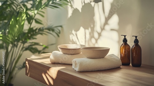 Wallpaper Mural Spa treatment setup with bowls, towels, and bottles on table. Torontodigital.ca
