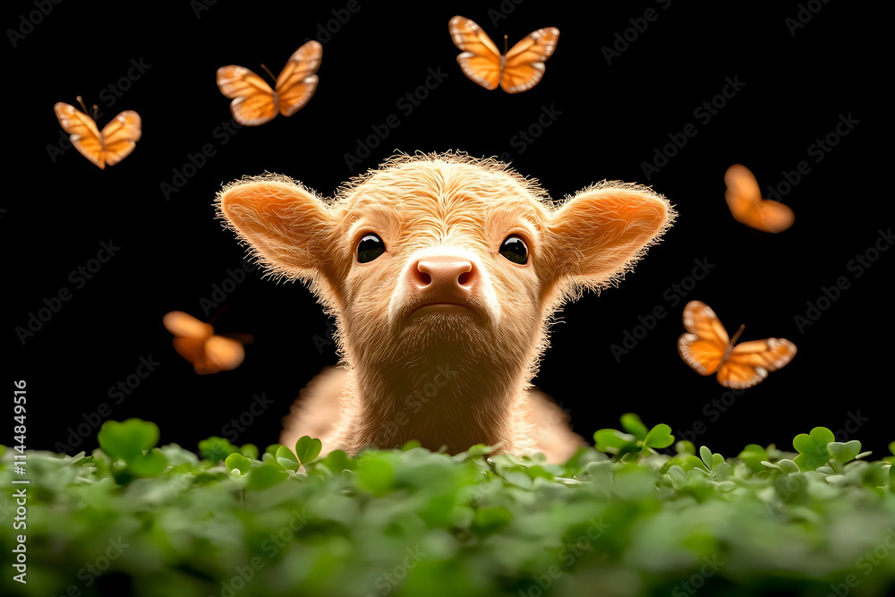 Fototapeta premium Baby animal surrounded by butterflies in a dark setting with green foliage elements creating a whimsical atmosphere