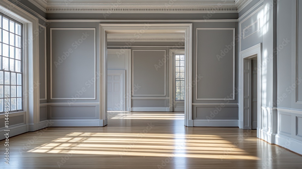 Obraz premium Empty interior room with wood floors and grey walls.