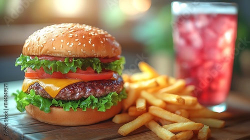 A delicious fast food combo with a burger crispy fries and a soda drink on a modern table